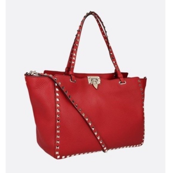 Valentino Handbags - Valentino Medium Rockstud Grained Red Leather Tote in Red